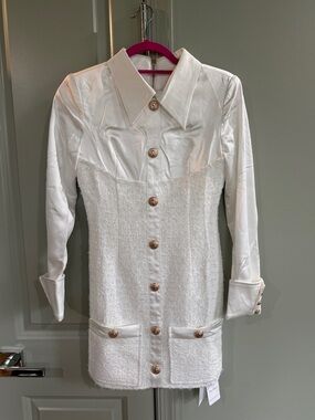 Never Worn Miss Rosier White Button-Front Tweed & Satin Dress